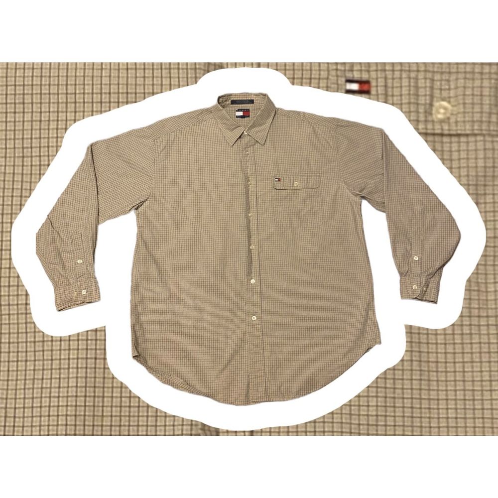 Tommy Hilfiger Button Down Long Sleeve Shirt Cream with Black Stripes Men’s L